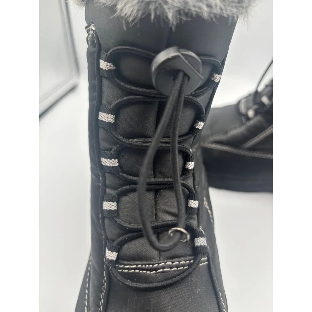 Totes Womens Black Winter Boots Faux Fur Trim Bungee Lace Side Zip Size 8W